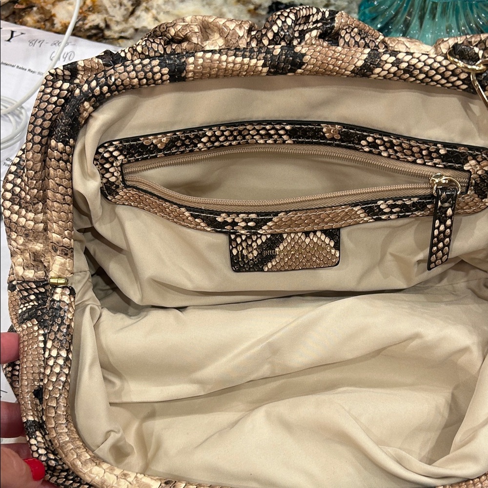 INC International Concepts Snake-Print Clutch in Brown and Black with Gold Chain - Picture 4 of 4